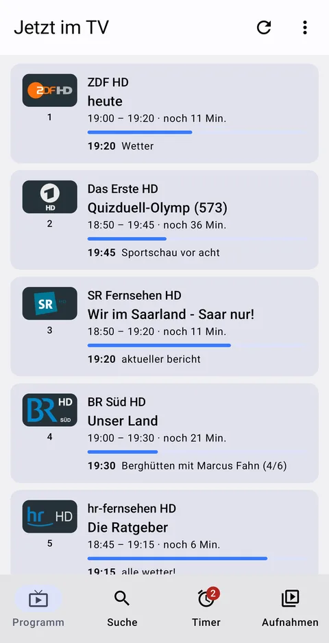 Senderliste mit laufender und nächster Sendung