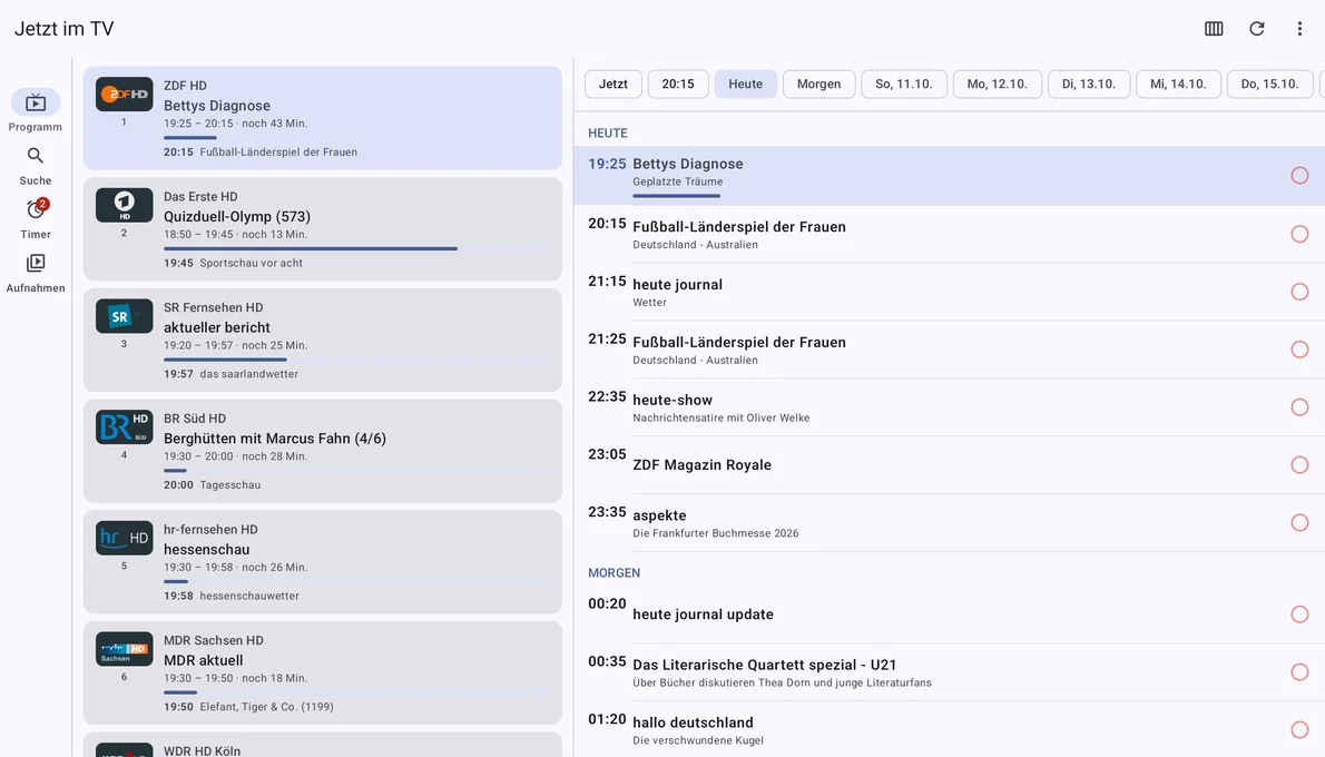 Tablet: Senderliste links, Wochenprogramm rechts