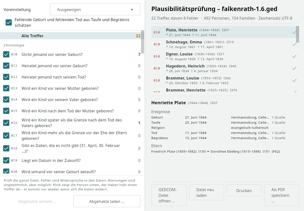 gedaudit prüft den Demo-Baum Falkenrath: links die Regeln, rechts 22 Treffer, darunter die gewählte Person