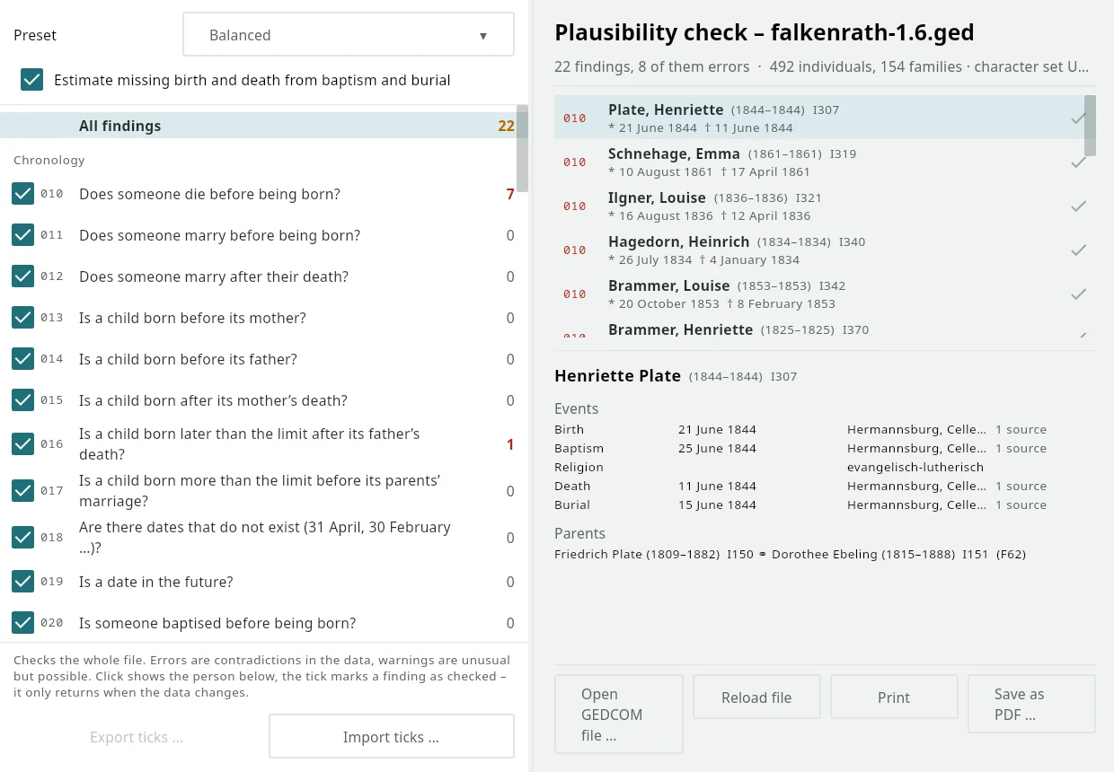 gedaudit checking the Falkenrath demo tree: rules on the left, 22 findings on the right, the selected person below